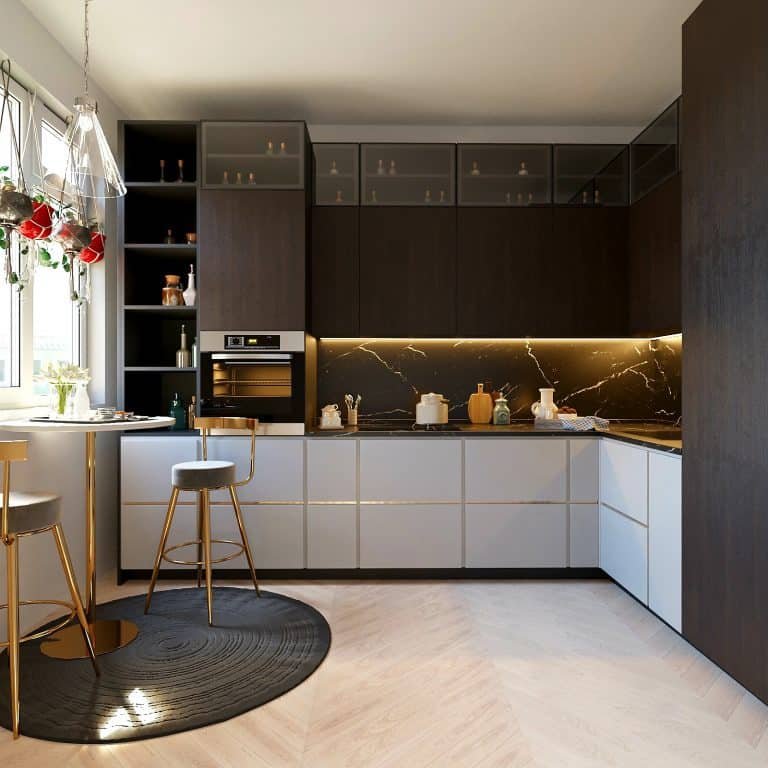 White and brown kitchen design L shaped