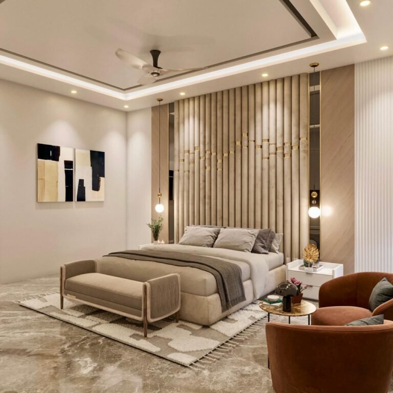 Small living room design with neutral palette and modern sofa bed.