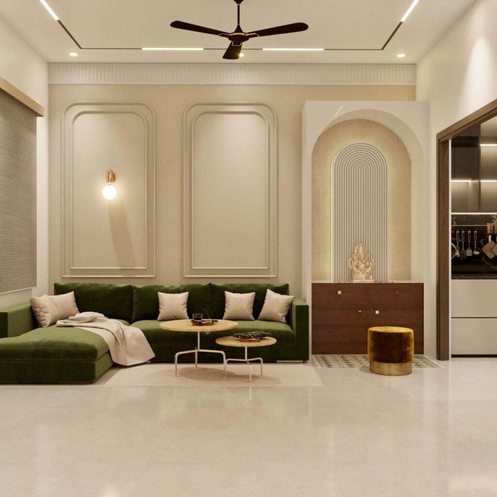 Small living room design with neutral palette and modern sofa bed.
