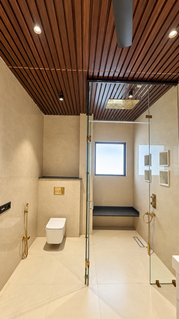 Bathroom with glass shower wood ceiling, Sarojini Nagar, Lucknow