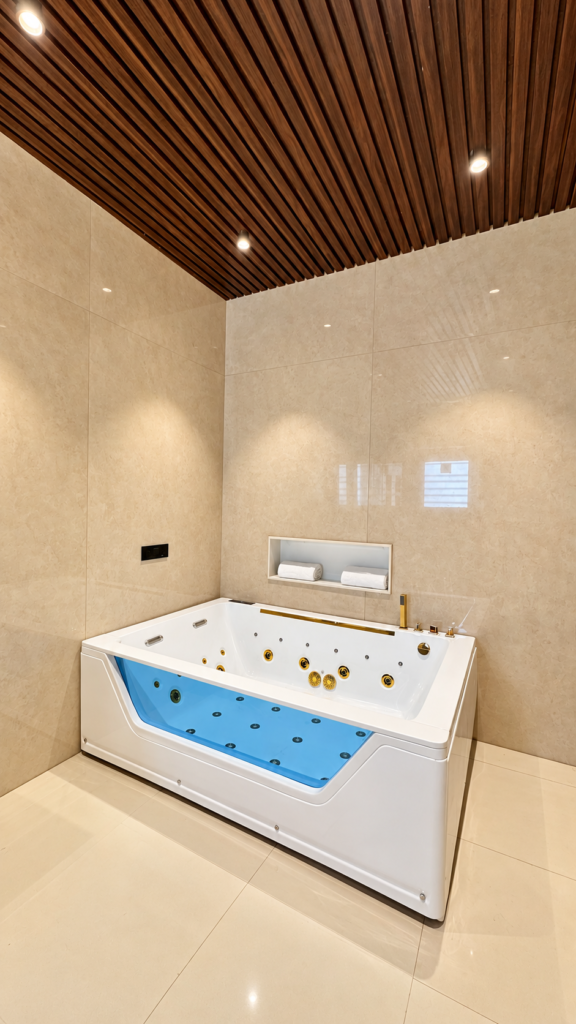 Bathroom with jacuzzi wood slat ceiling, Sarojini Nagar, Lucknow