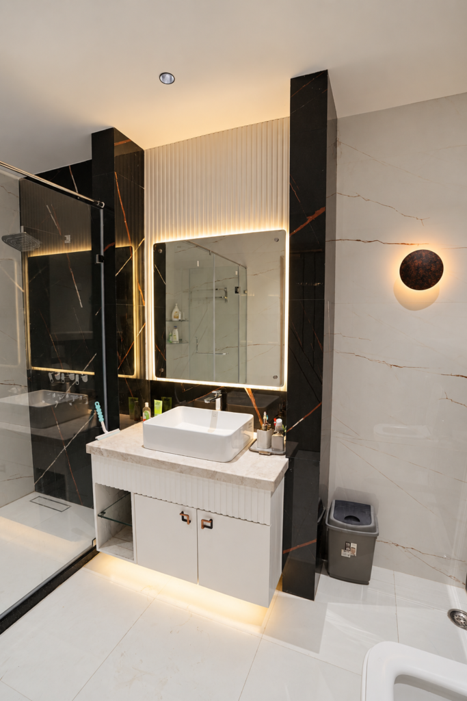 Bathroom with vanity backlit mirror, near CCS International Airport, Lucknow