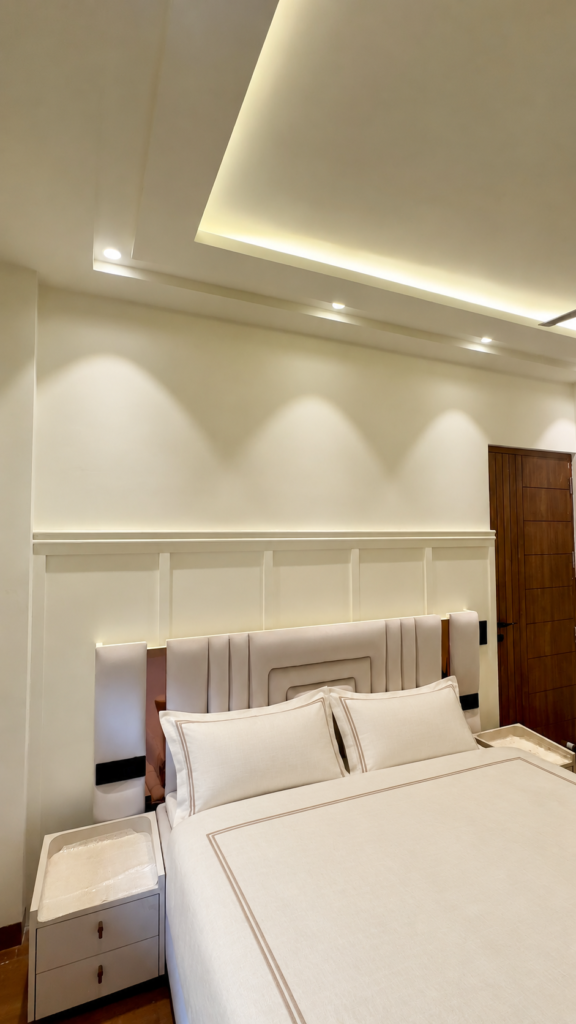 Bedroom with backlit headboard wall, Ashiyana Colony, Lucknow