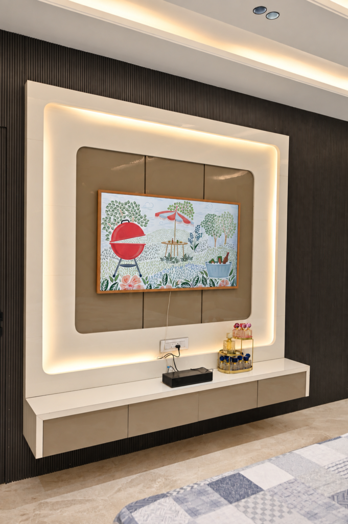 Bedroom with backlit TV panel portrait, near CCS International Airport, Lucknow