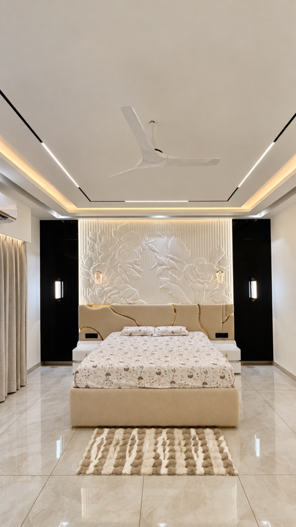 Bedroom with beige headboard front view, Sarojini Nagar, Lucknow