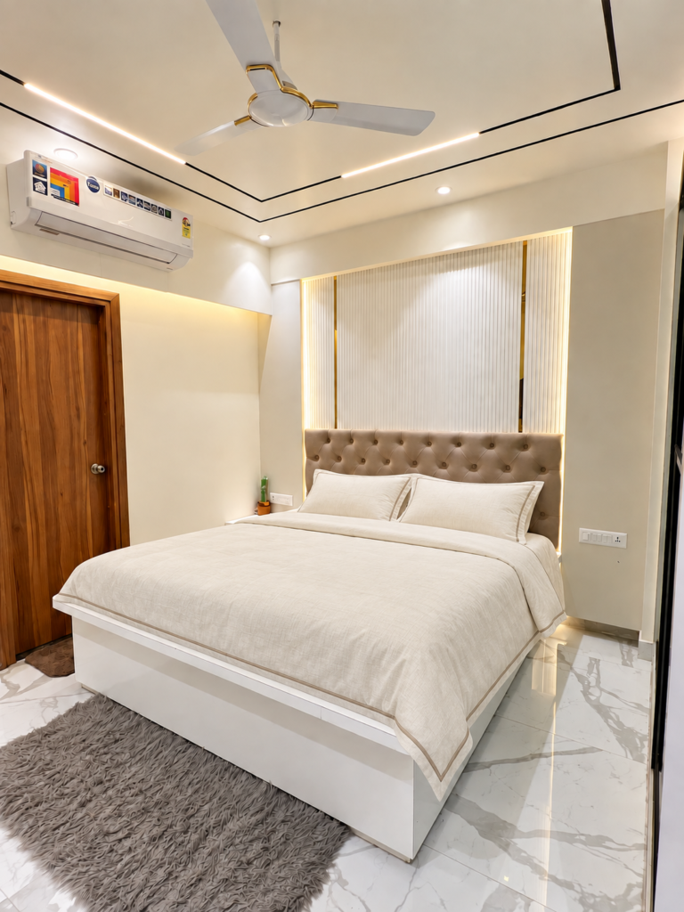 Bedroom with beige headboard white bedding, Vrindavan Yojna, Lucknow