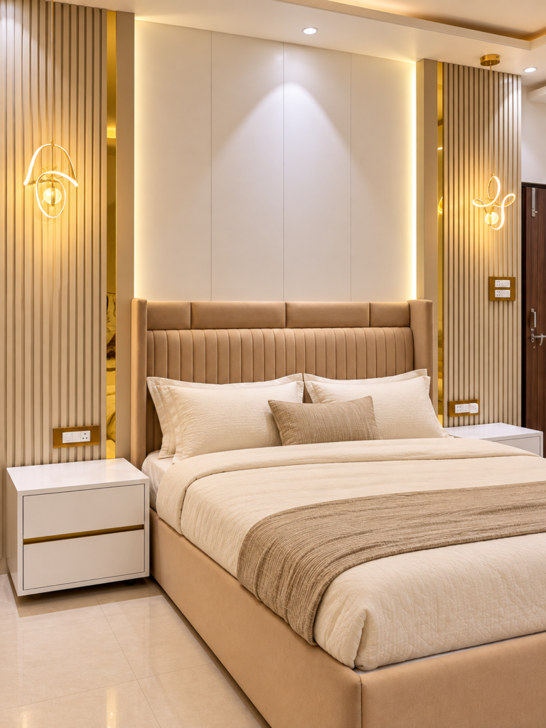 Bedroom with beige upholstered headboard fluted wall, Raebareli, Lucknow