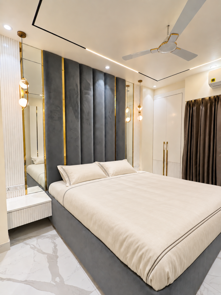 Bedroom with blue headboard white bedding, Vrindavan Yojna, Lucknow