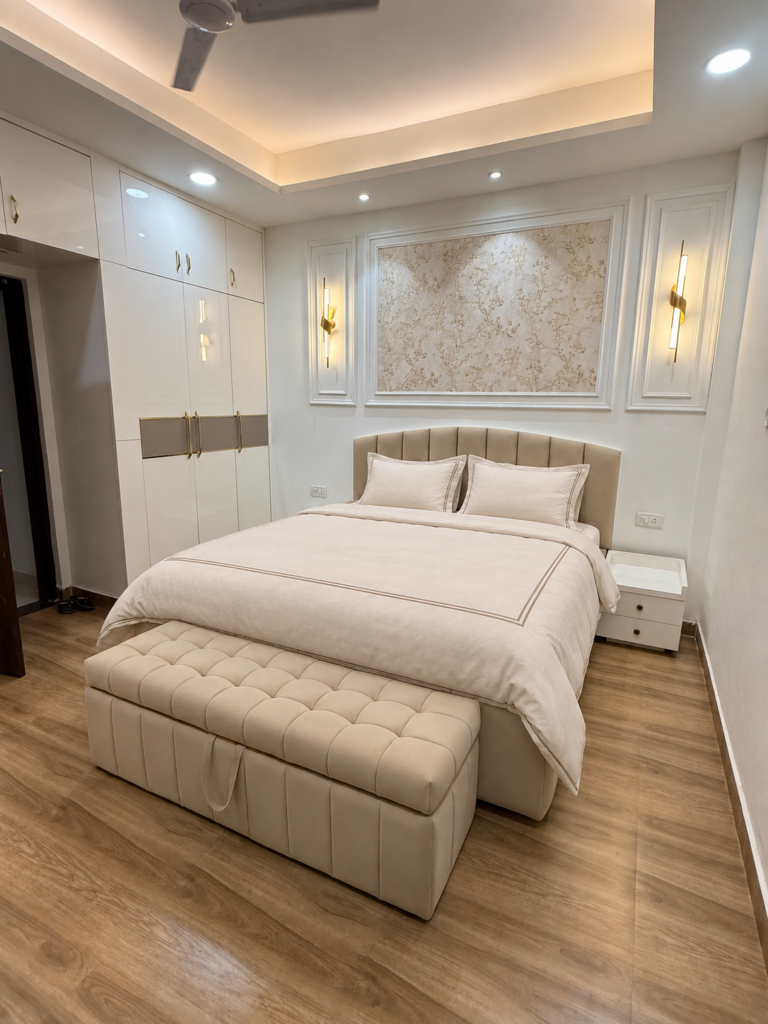Bedroom with cream upholstered headboard bench, Bijnor, Lucknow