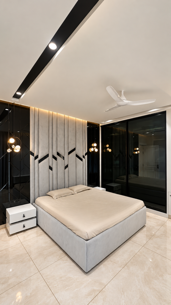 Bedroom with geometric headboard black accents, Sarojini Nagar, Lucknow