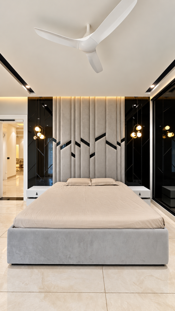 Bedroom with geometric headboard front view, Sarojini Nagar, Lucknow