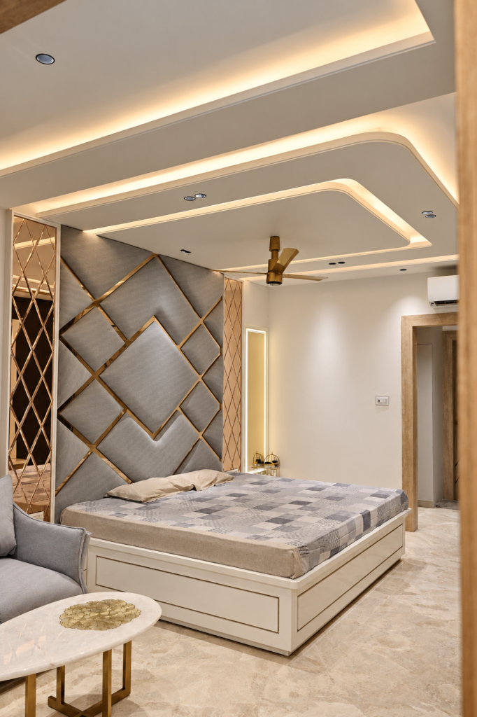 Bedroom with geometric headboard portrait, near CCS International Airport, Lucknow