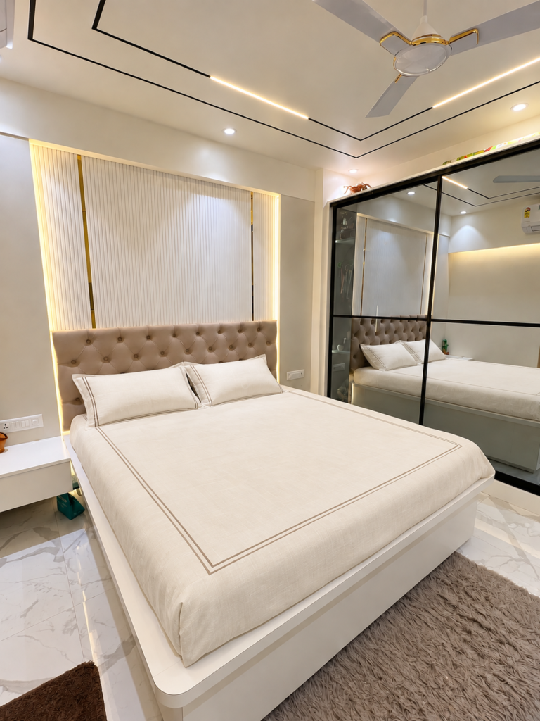 Bedroom with glass wardrobe white bedding, Vrindavan Yojna, Lucknow
