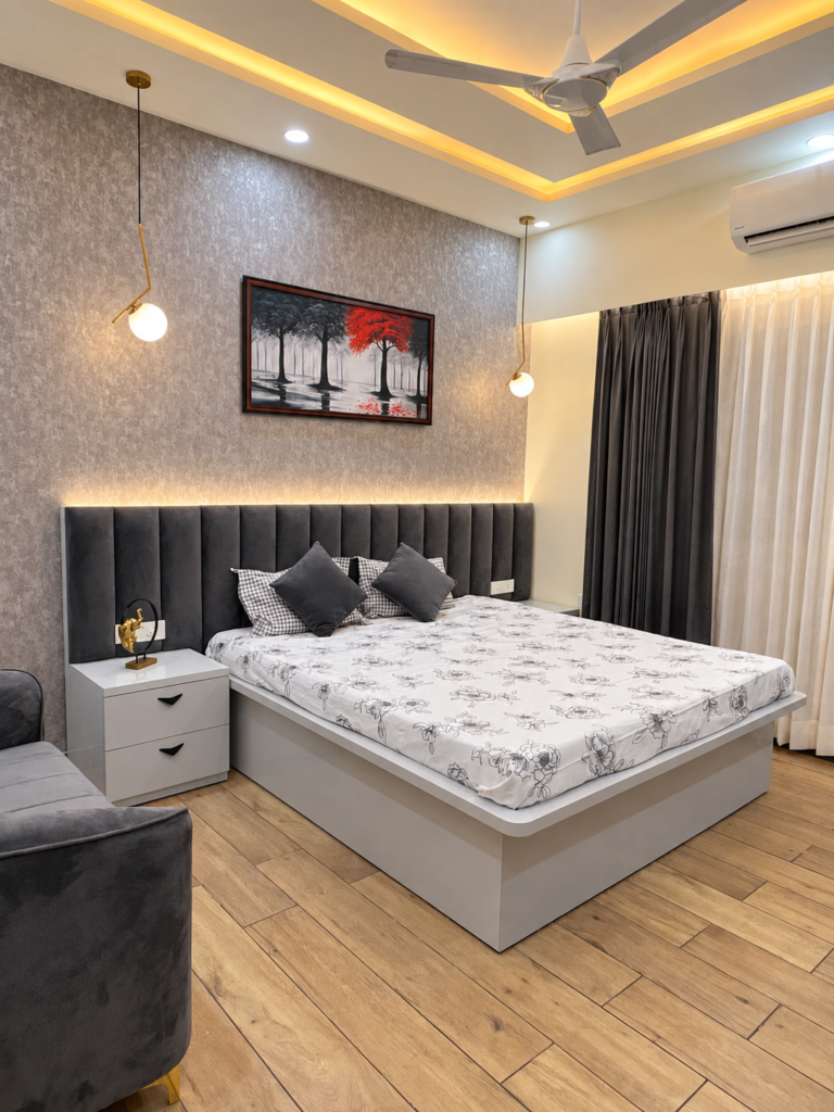 Bedroom with grey headboard pendant light, Hind Nagar, Kanpur Road, Lucknow