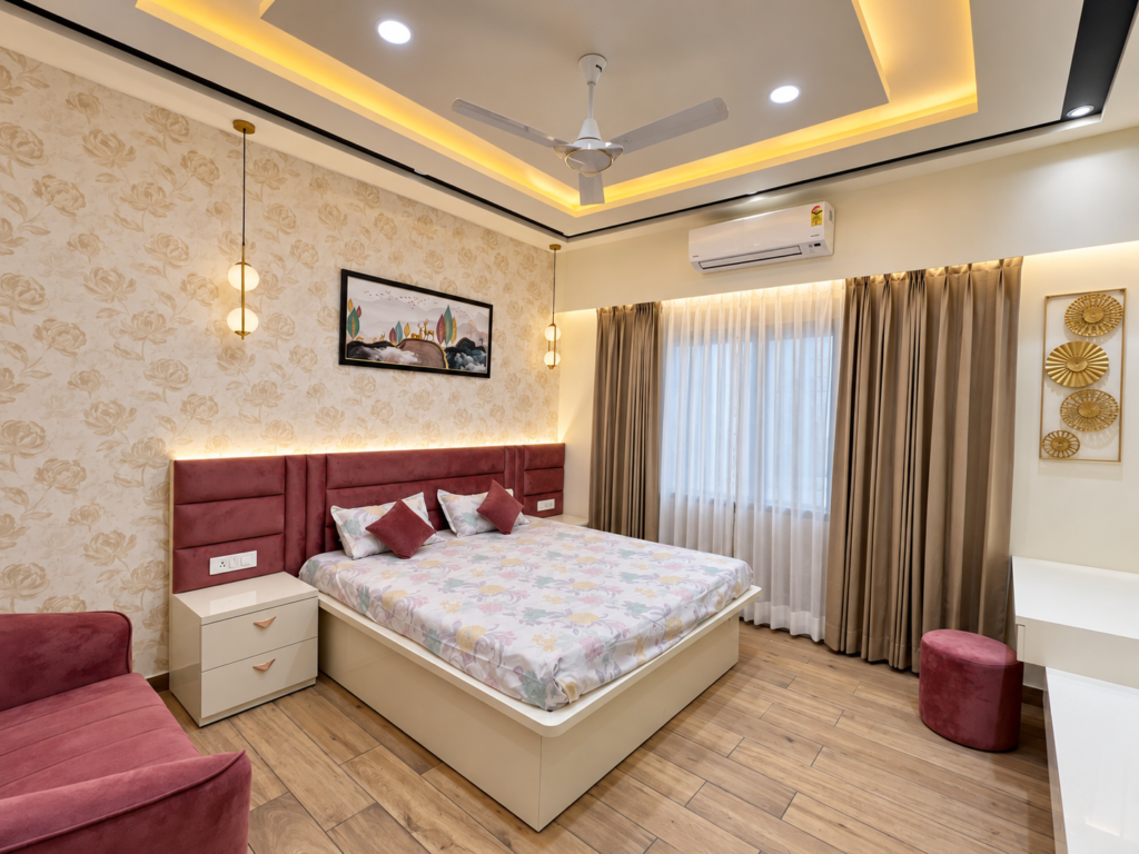 Bedroom with maroon headboard patterned wall, Hind Nagar, Kanpur Road, Lucknow