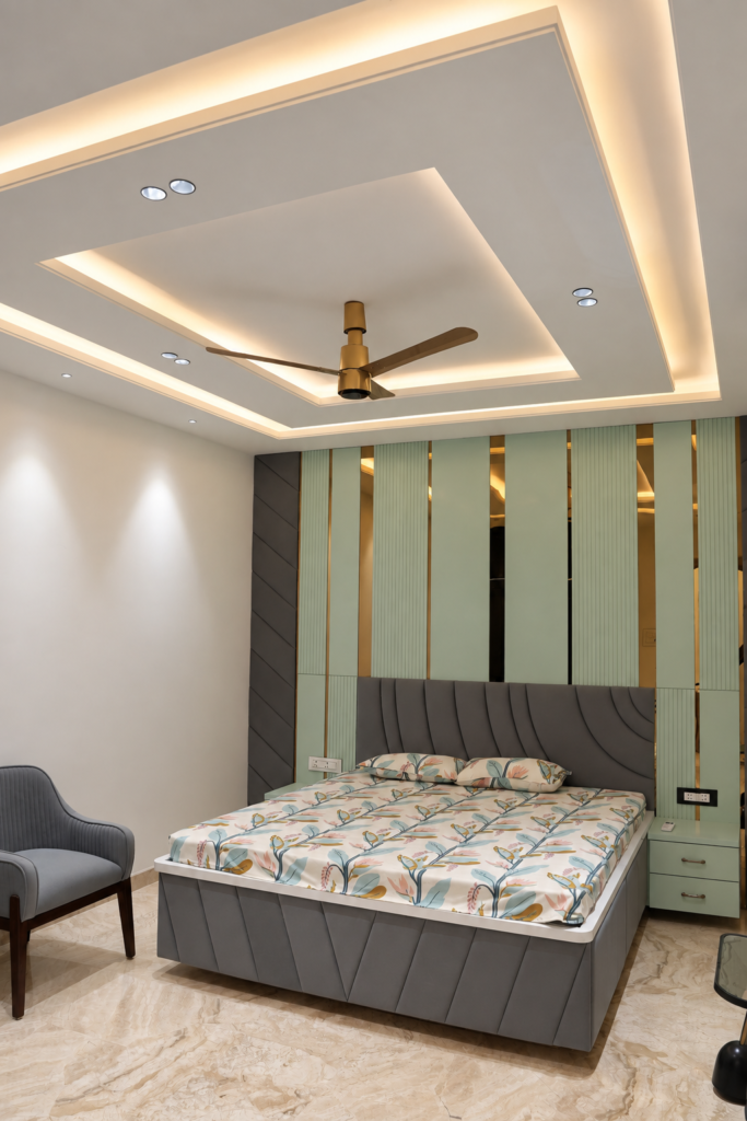 Bedroom with mint green headboard portrait, near CCS International Airport, Lucknow