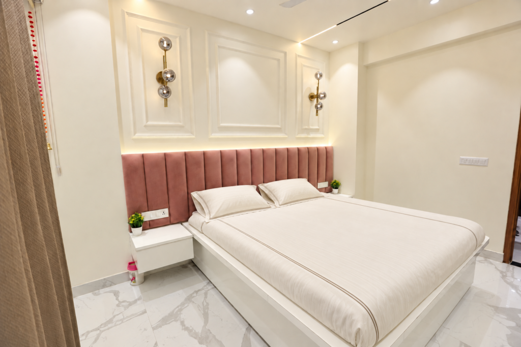 Bedroom with pink headboard white bedding, Vrindavan Yojna, Lucknow