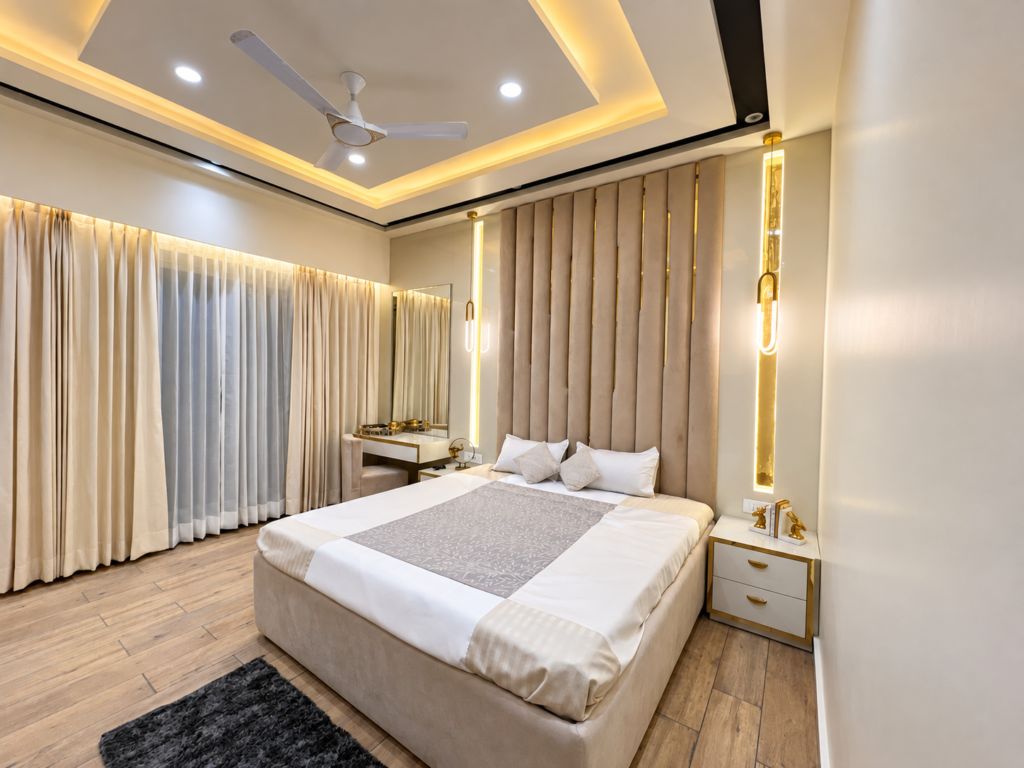 Bedroom with pleated headboard curtains, Hind Nagar, Kanpur Road, Lucknow