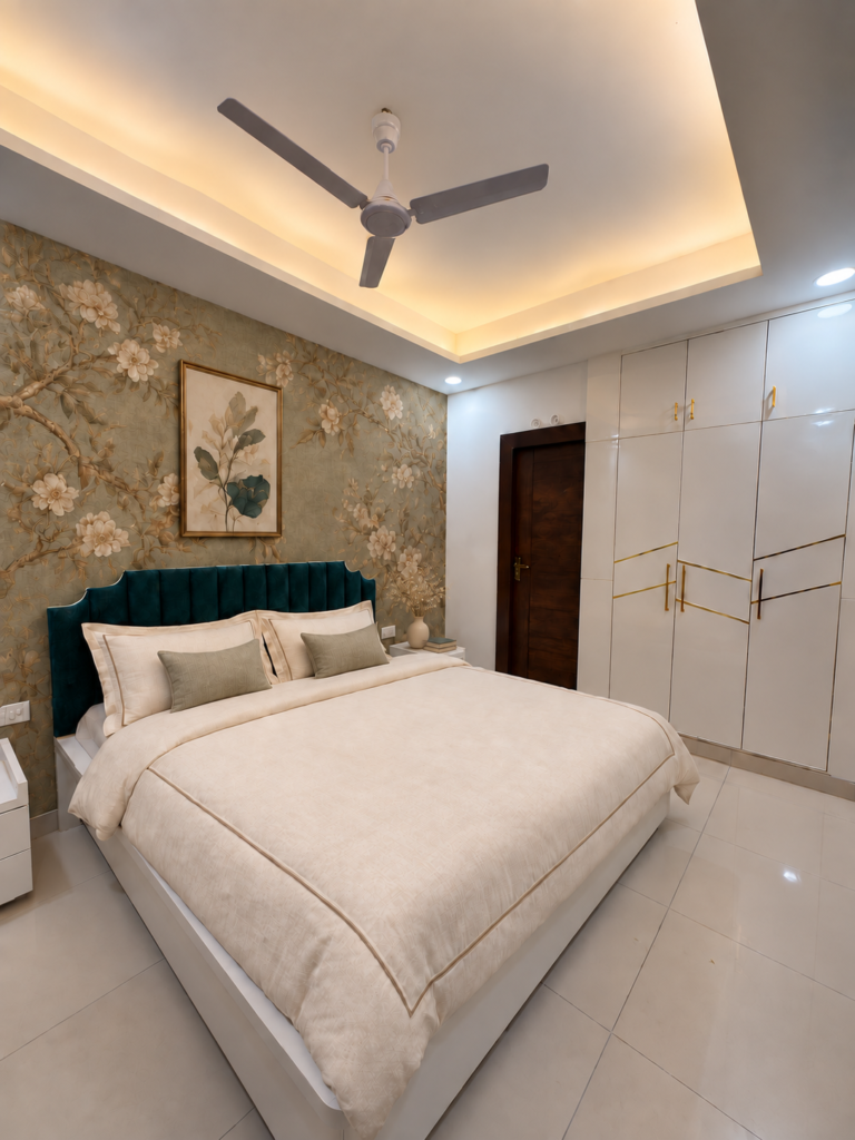 Bedroom with teal headboard floral wallpaper white wardrobe, Bijnor, Lucknow
