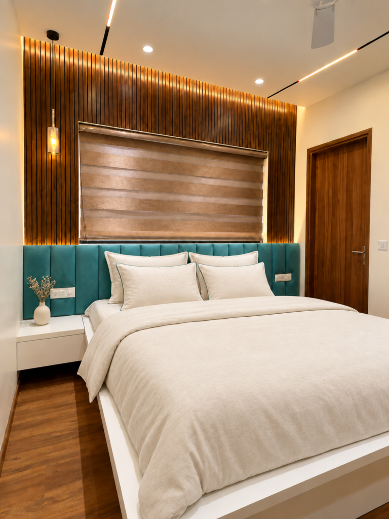 Bedroom with teal headboard wood panel, Gomti Nagar, Lucknow