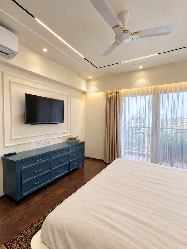 Bedroom with TV unit blue console, Gomti Nagar, Lucknow