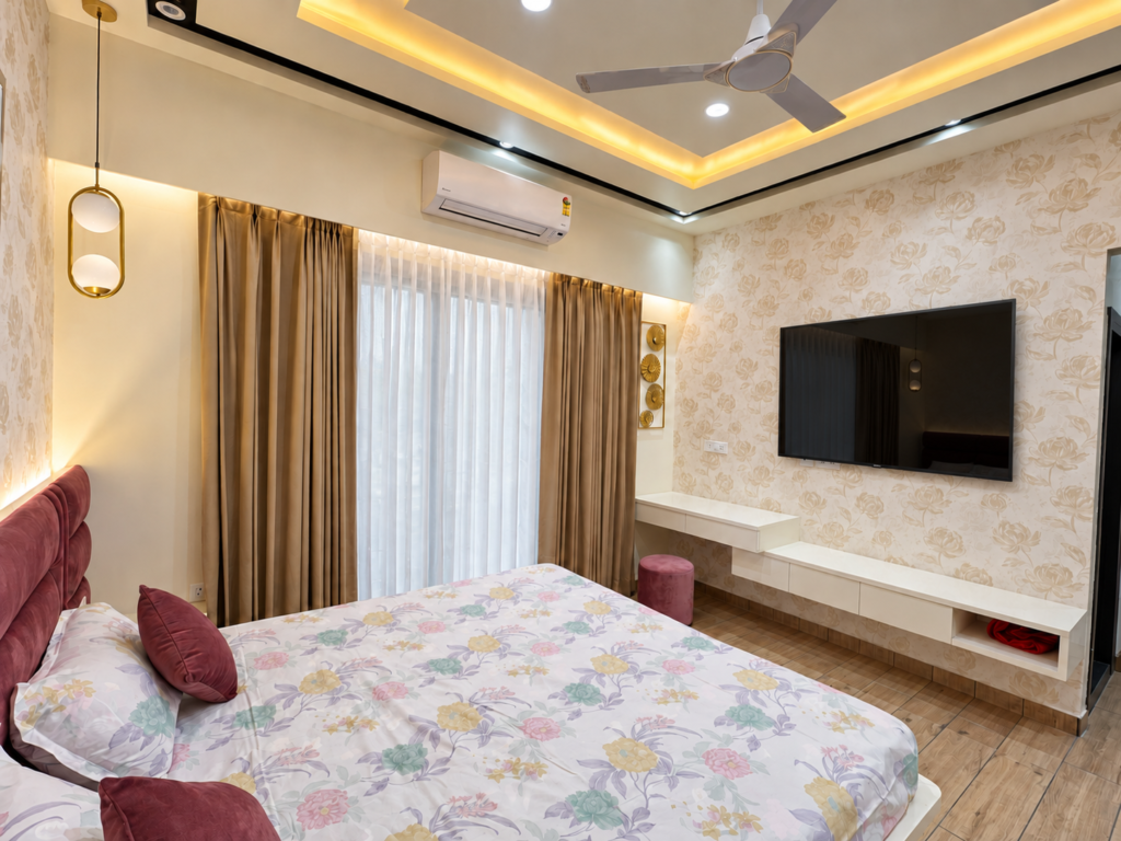Bedroom with TV wall patterned wallpaper, Hind Nagar, Kanpur Road, Lucknow