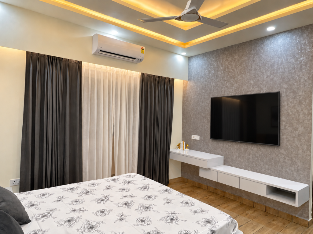Bedroom with TV wall textured grey panel, Hind Nagar, Kanpur Road, Lucknow