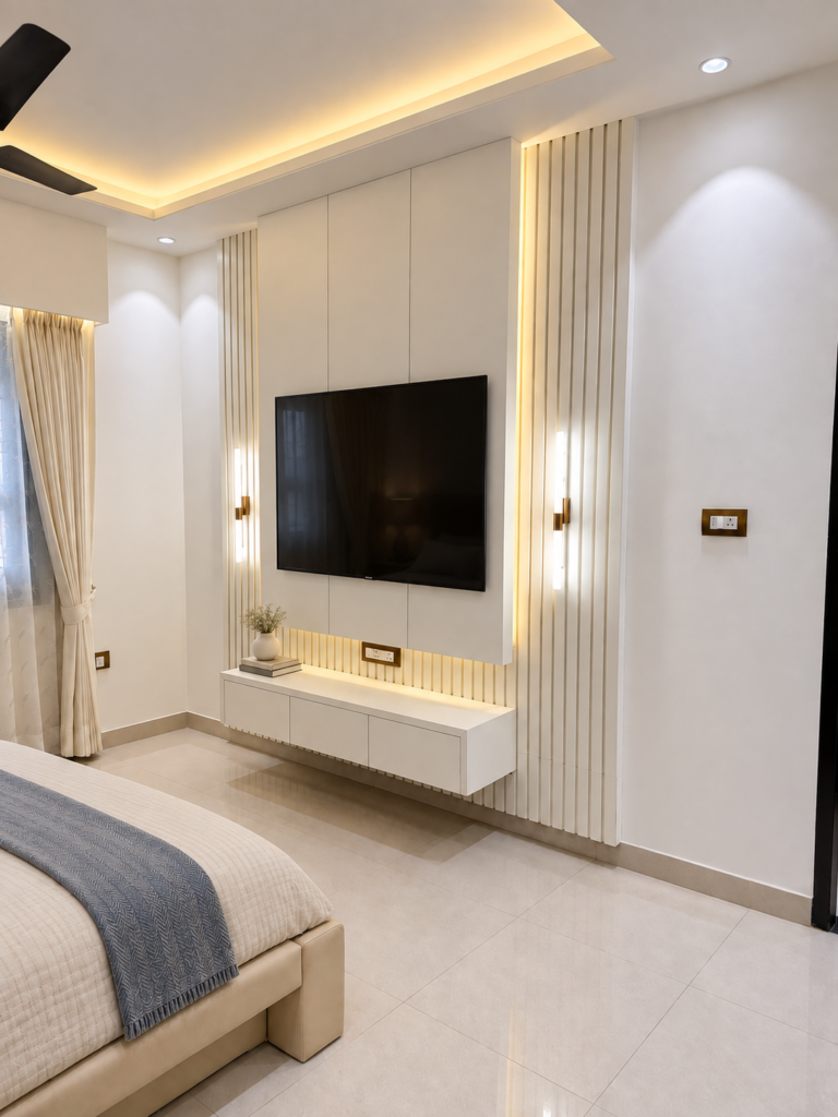 Bedroom with TV wall white console, Raebareli, Lucknow