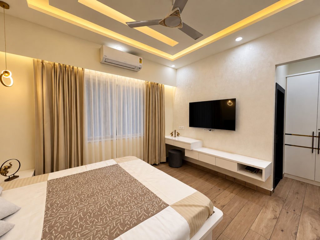 Bedroom with TV wall white console, Hind Nagar, Kanpur Road, Lucknow