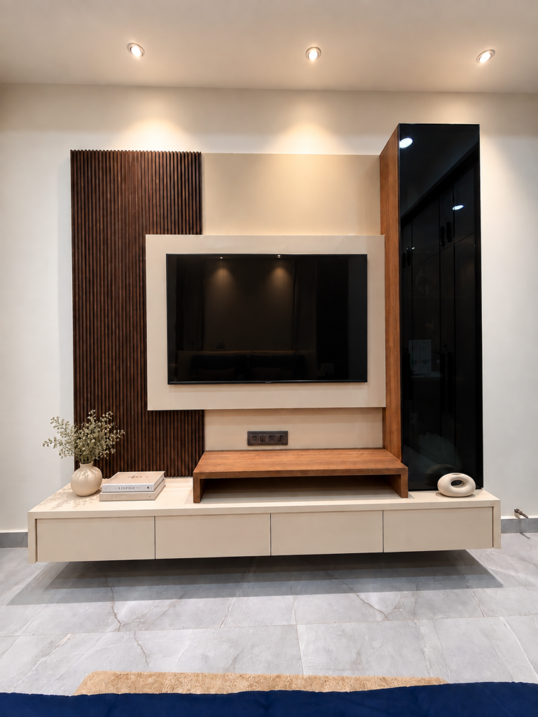 Bedroom TV wall with wood panelling and white console, Vijay Nagar home, Lucknow