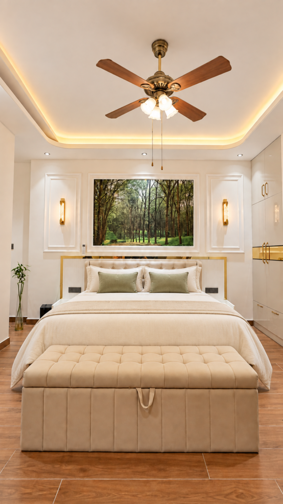 Bedroom with upholstered bed forest artwork, Telibagh, Lucknow