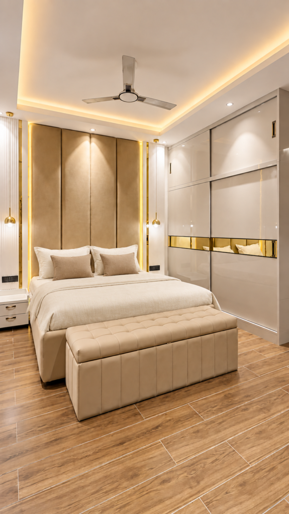 Bedroom with upholstered bed white wardrobe, Telibagh, Lucknow