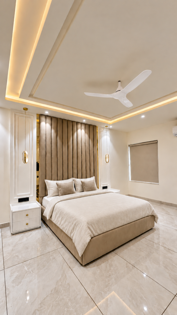 Bedroom with upholstered headboard curtains, Sarojini Nagar, Lucknow