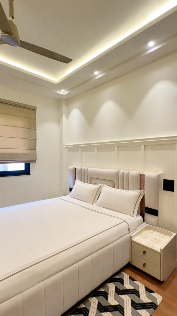 Bedroom with upholstered headboard wall panels, Ashiyana Colony, Lucknow