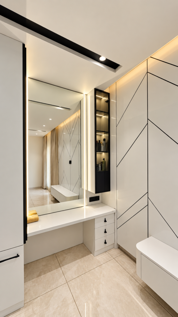 Bedroom with vanity mirror geometric wall, Sarojini Nagar, Lucknow