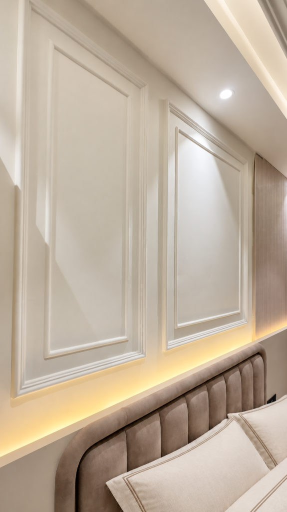 Bedroom with wall moulding cove light, Ashiyana Colony, Lucknow