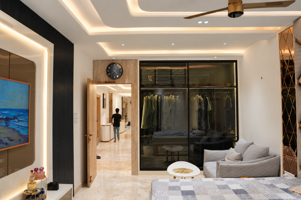 Bedroom with wardrobe and TV panel, near CCS International Airport, Lucknow