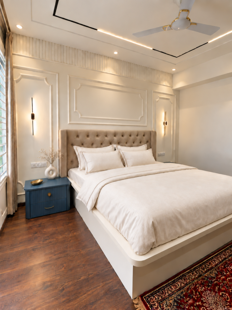 Bedroom with white bedding wall moulding, Gomti Nagar, Lucknow