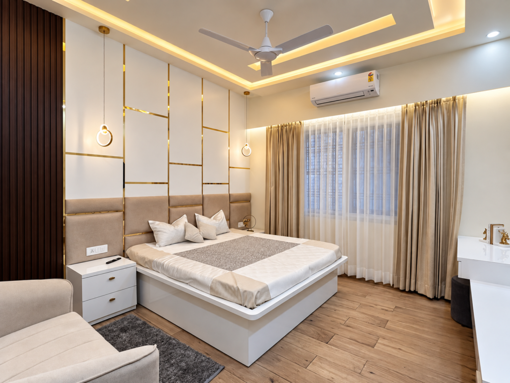 Bedroom with white headboard gold wall detail, Hind Nagar, Kanpur Road, Lucknow