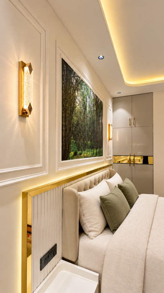 Bedroom with white sofa wall moulding, Telibagh, Lucknow