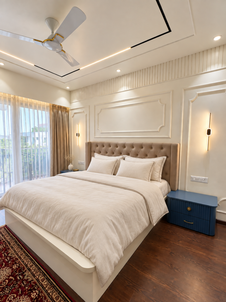 Bedroom with white wall panels blue side table, Gomti Nagar, Lucknow