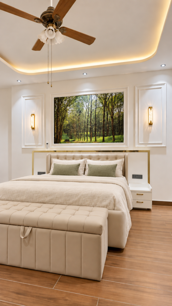 Bedroom with white wall panels forest artwork, Telibagh, Lucknow