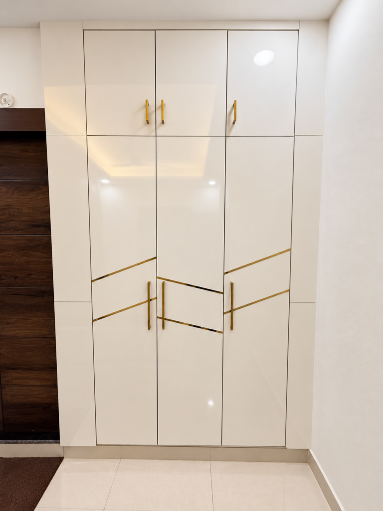 Bedroom with white wardrobe gold detail, Bijnor, Lucknow