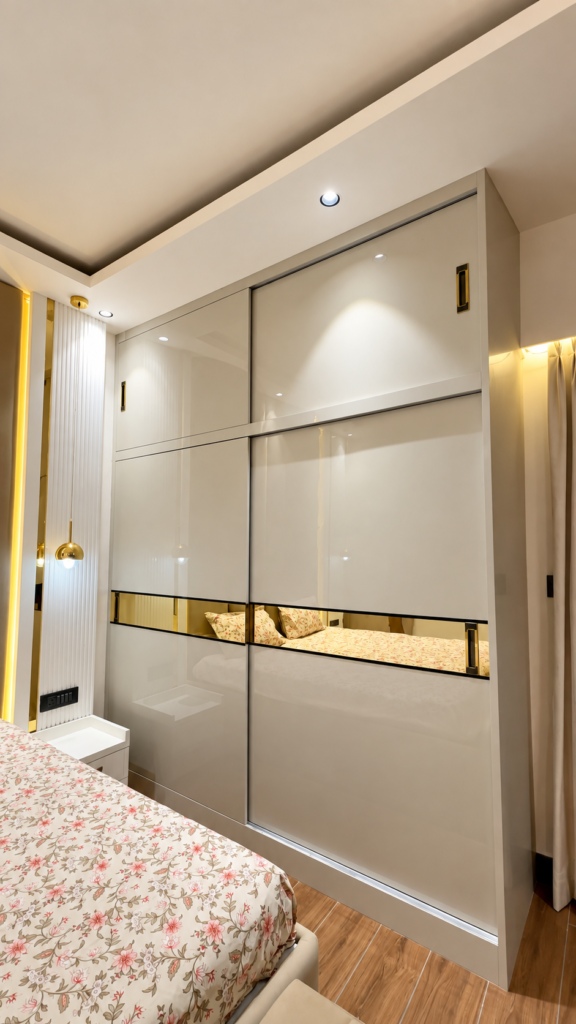 Bedroom with white wardrobe storage design, Telibagh, Lucknow