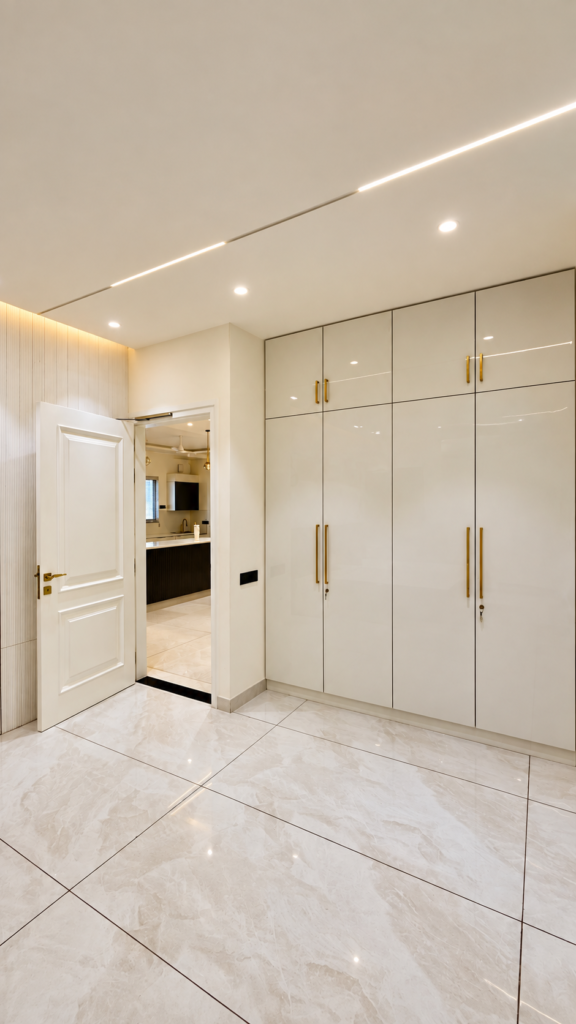 Bedroom with white wardrobe wide view, Sarojini Nagar, Lucknow