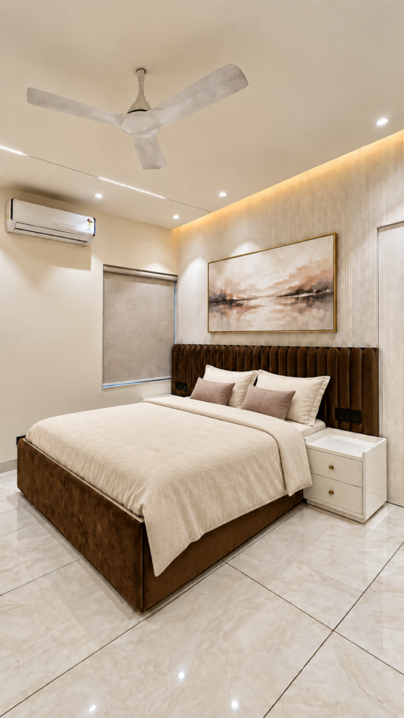 Bedroom with wood bed framed wall art, Sarojini Nagar, Lucknow
