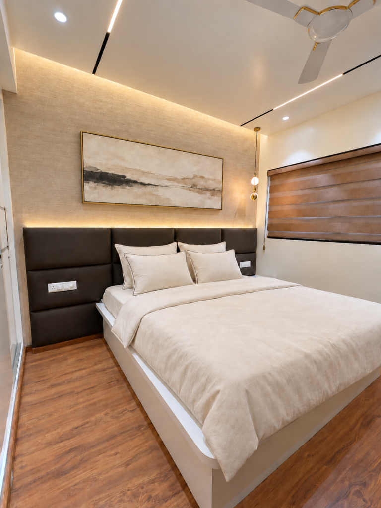 Bedroom with wood floor upholstered bed, Gomti Nagar, Lucknow