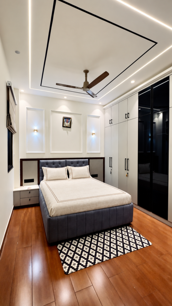 Bedroom with wood floor white wardrobes, Ashiyana Colony, Lucknow
