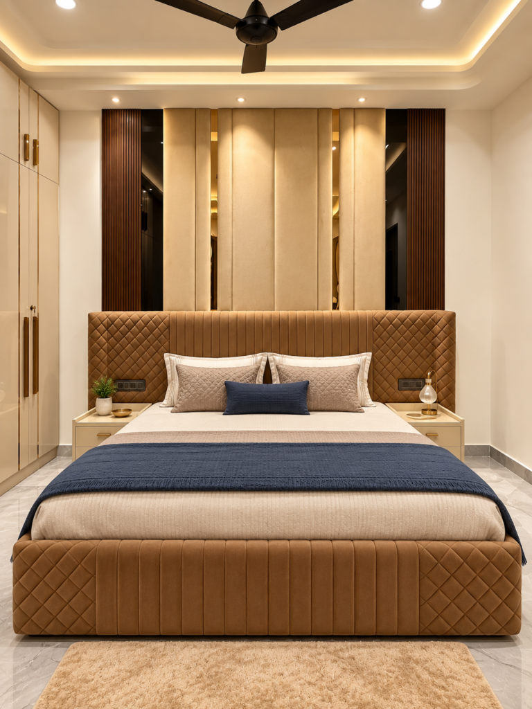Bedroom front view with wooden headboard and navy bedding, Vijay Nagar, Lucknow