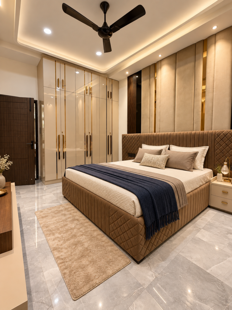 Bedroom with wooden headboard and fitted wardrobe, angled view, Vijay Nagar, Lucknow